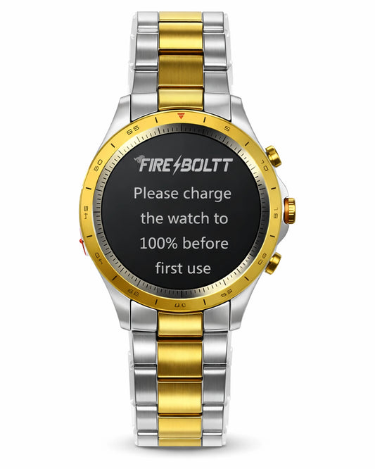 Obsidian Gold Fire-Boltt Edition BhaariGear smartwatch with sleek display and gold accents, shown with a black strap.