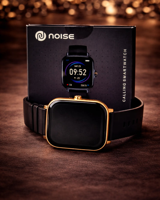 Black and gold Noise ColorFit Icon Buzz smartwatch by BhaariGear with digital display and sleek design.