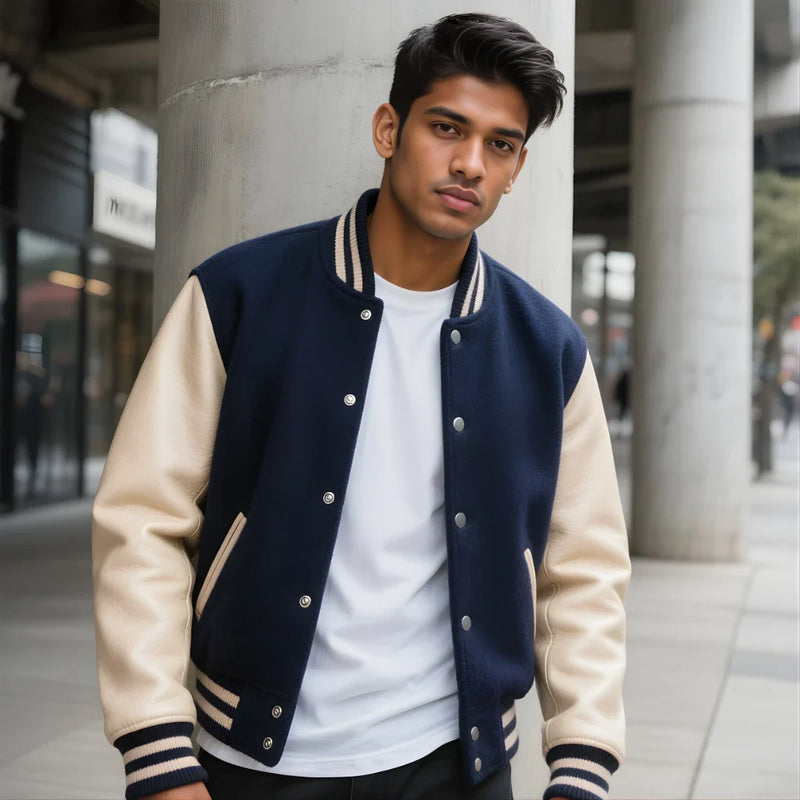 Premium men’s varsity jacket by BhaariGear featuring cinematic streetwear styling, high-detail patches, bold myth-tech inspired elements, and a modern athletic silhouette.