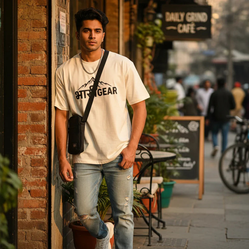 Men’s oversized T-shirt by BhaariGear with relaxed fit, premium cotton fabric, and bold streetwear graphic style
