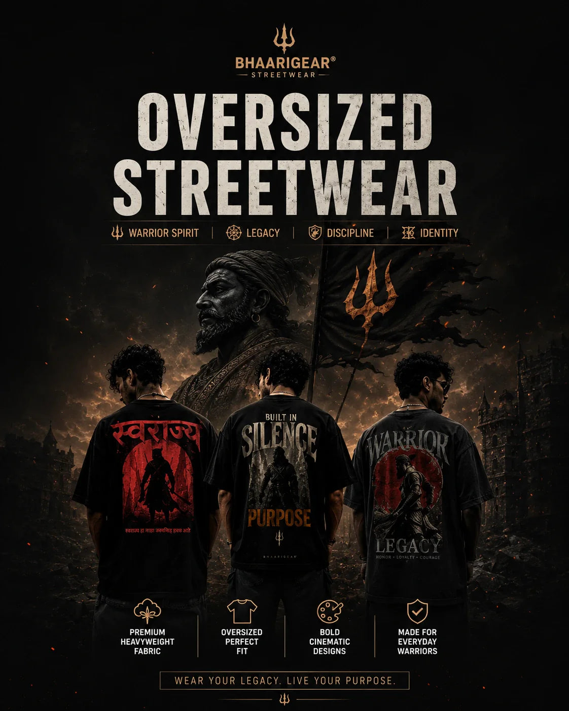 BhaariGear Oversized Streetwear Collection featuring premium cinematic warrior-inspired oversized t-shirts with dark streetwear aesthetics, legacy graphics, and bold back print fashion.
