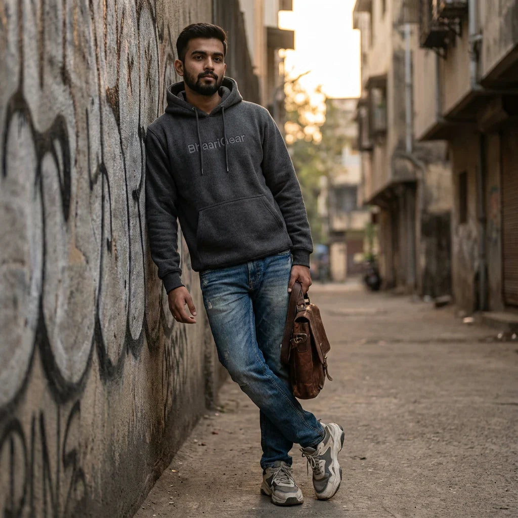 Indian male model wearing BhaariGear streetwear in a modern city street setting, casual and realistic street-style look.