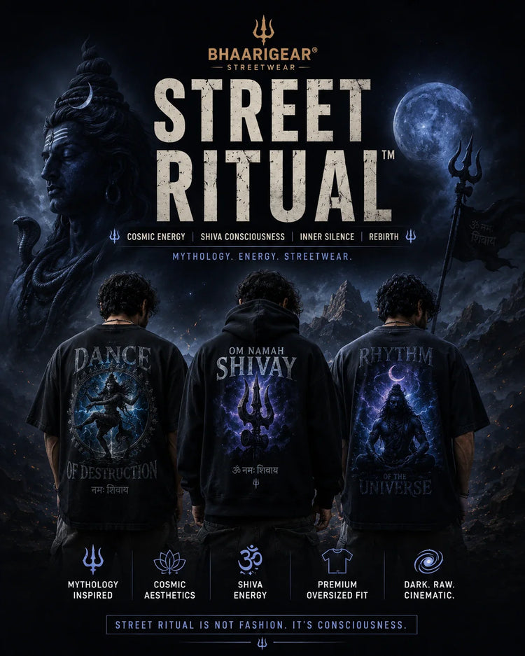 BhaariGear Street Ritual collection featuring premium Shiva-inspired oversized streetwear with cosmic mythology graphics, dark cinematic aesthetics, spiritual warrior themes, and heavyweight hoodies and t-shirts.