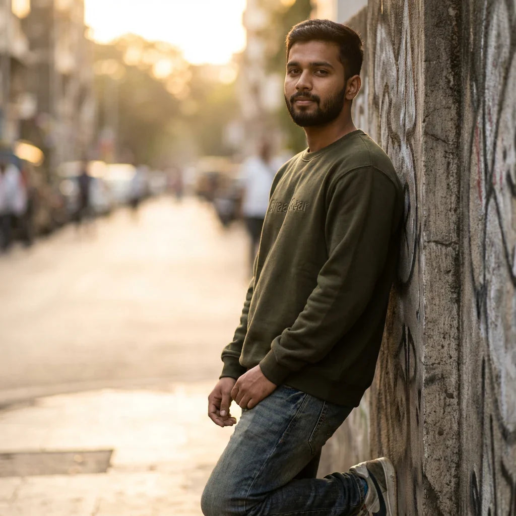 Indian male model wearing a BhaariGear sweatshirt against a concrete street wall, casual street-style fashion.