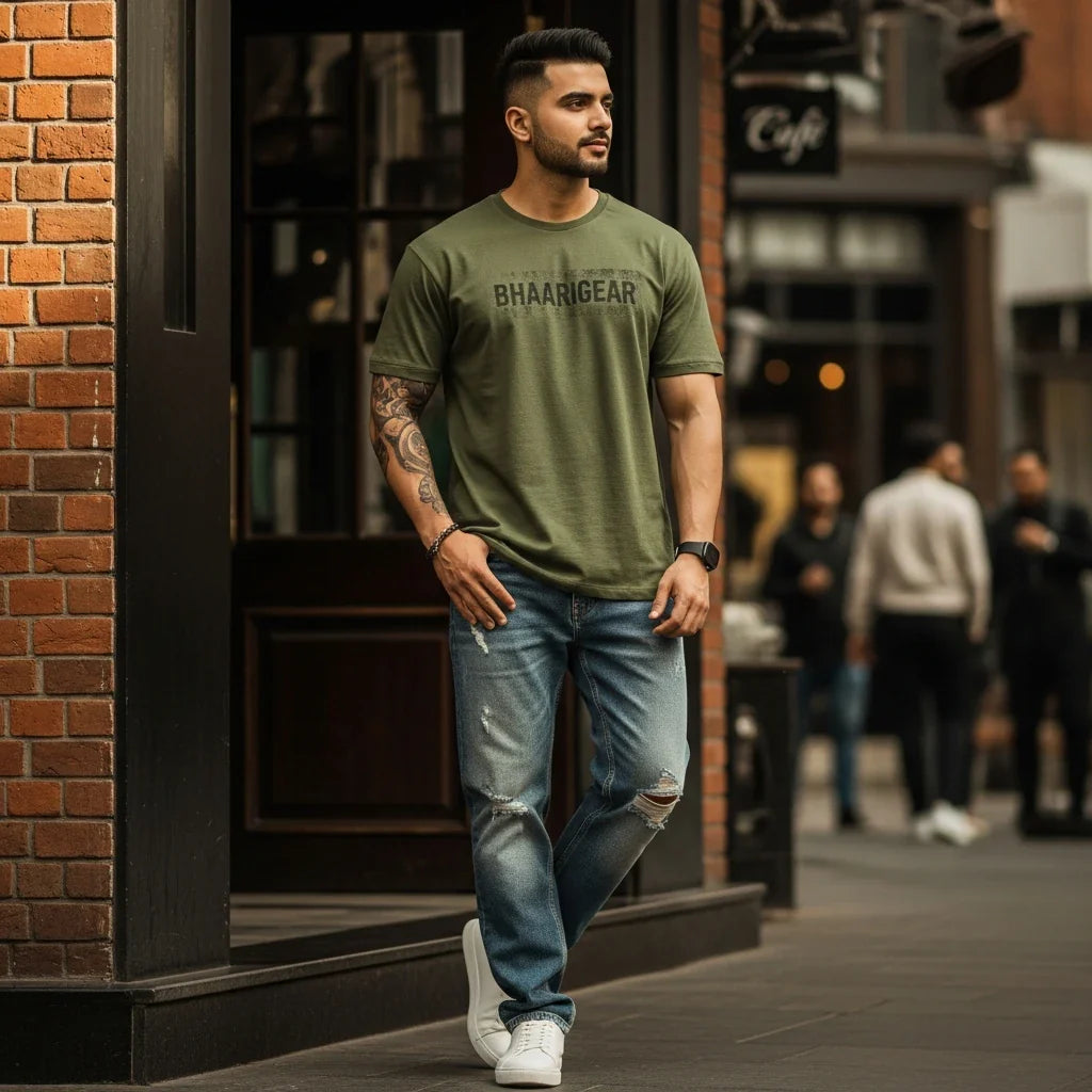Men’s premium streetwear T-shirts by BhaariGear with bold designs, clean silhouettes, and modern Indian style