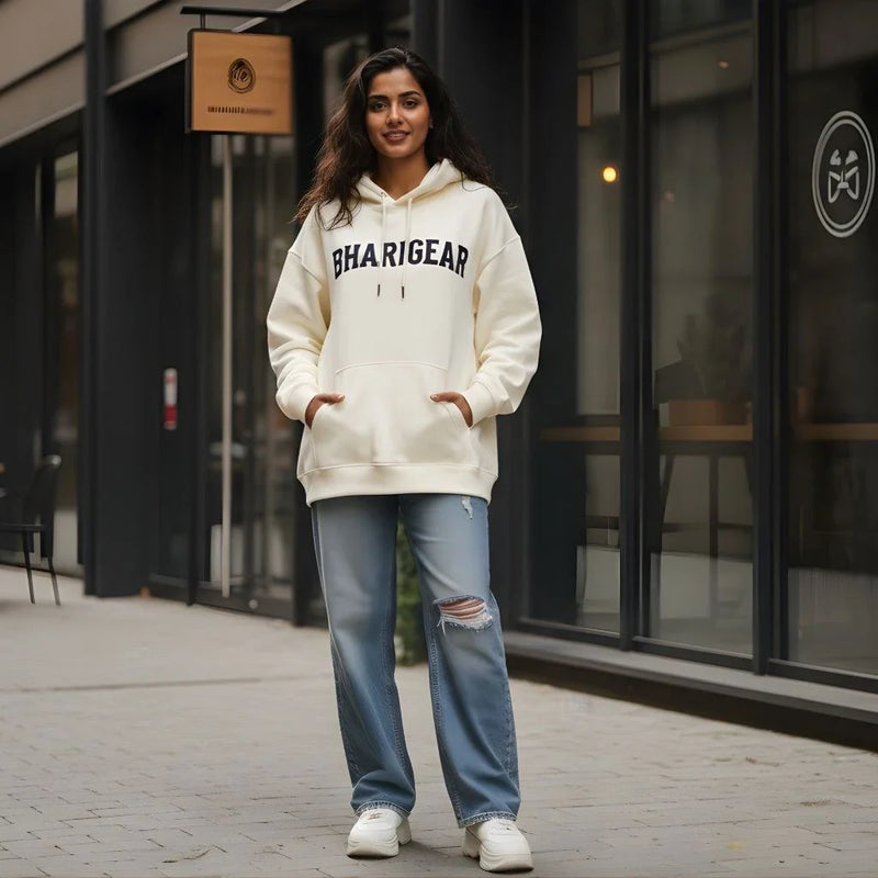 Women’s oversized hoodie by BhaariGear featuring a relaxed fit, warm premium fabric, and modern streetwear graphic styling