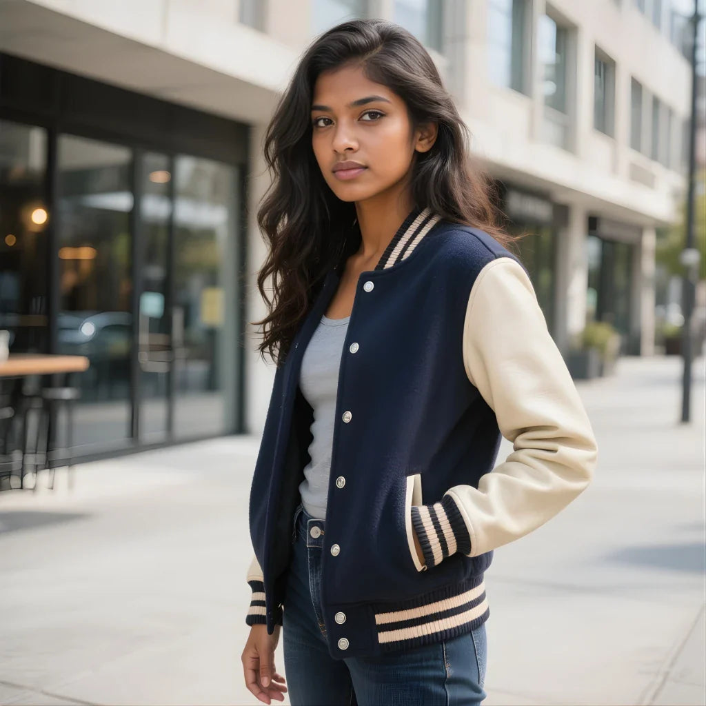 Women’s varsity jacket by BhaariGear featuring contrast panels, soft inner lining, and modern streetwear detailing