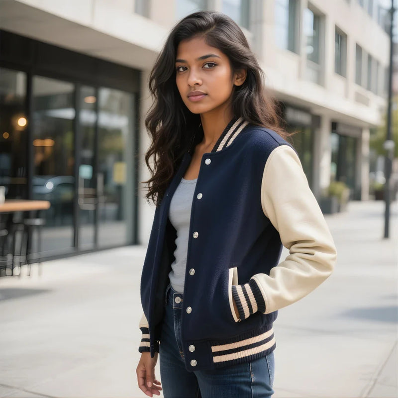 Women’s varsity jacket by BhaariGear featuring contrast panels, soft inner lining, and modern streetwear detailing