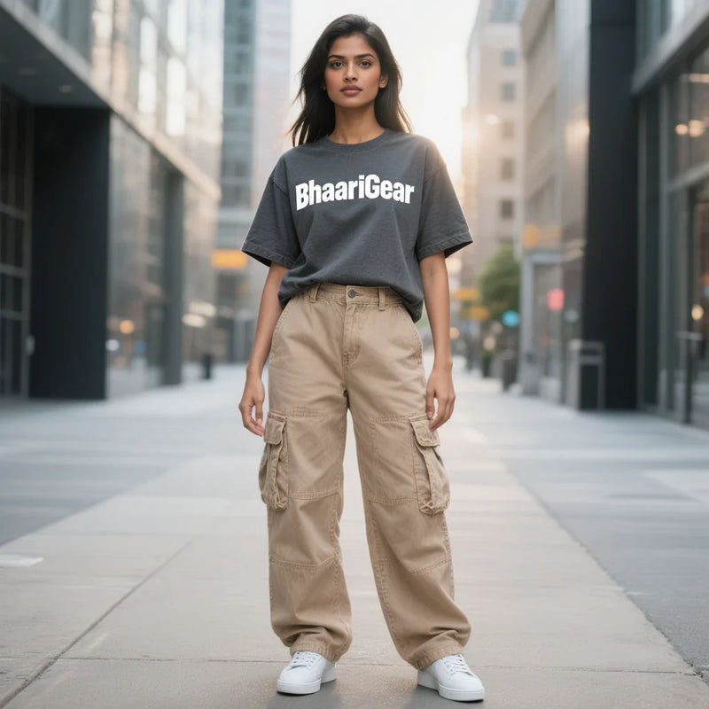 Women’s oversized T-shirt by BhaariGear featuring a relaxed fit, soft cotton fabric, and modern streetwear graphic style
