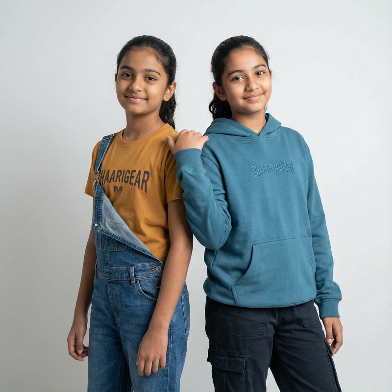 Girls’ streetwear collection by BhaariGear featuring soft comfortable fabrics, modern graphic designs, and youthful everyday fashion