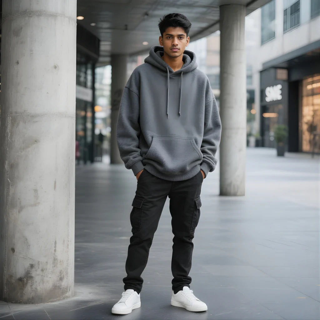 Cinematic men’s oversized hoodies by BhaariGear featuring relaxed streetwear fit, premium heavy cotton texture, myth-tech inspired graphics, and bold modern Indian fashion styling.