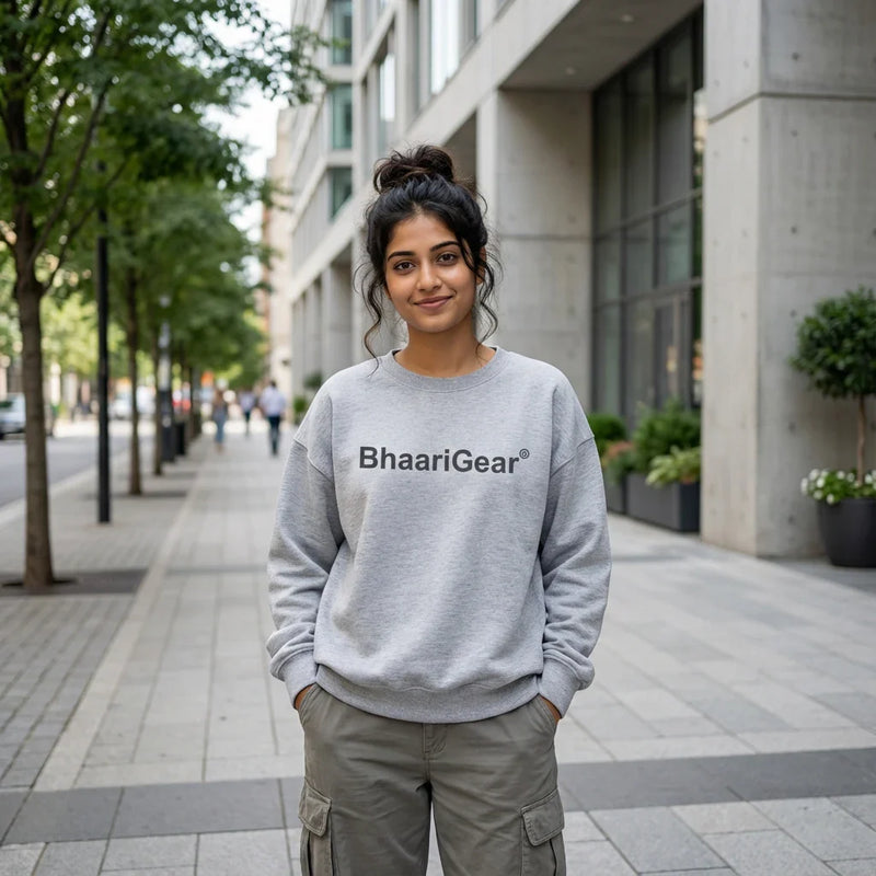 Women’s oversized sweatshirt by BhaariGear featuring a relaxed silhouette, soft comfort fabric, and modern streetwear graphic design