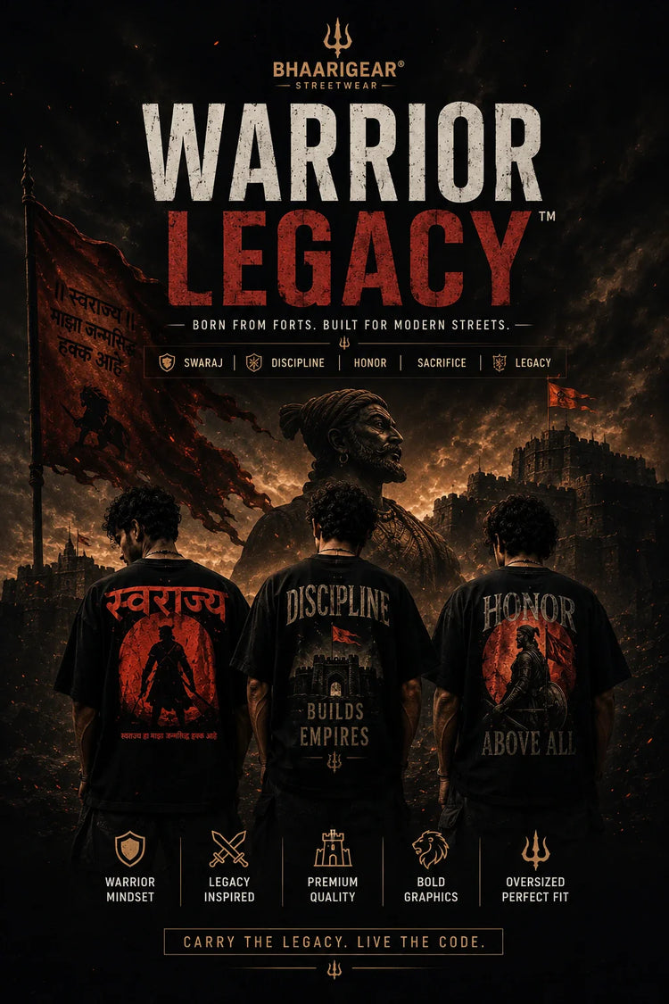 BhaariGear Warrior Legacy collection featuring premium oversized warrior streetwear inspired by Swaraj, discipline, Maratha heritage, cinematic graphics, dark fashion aesthetics, and bold legacy-driven back print designs.