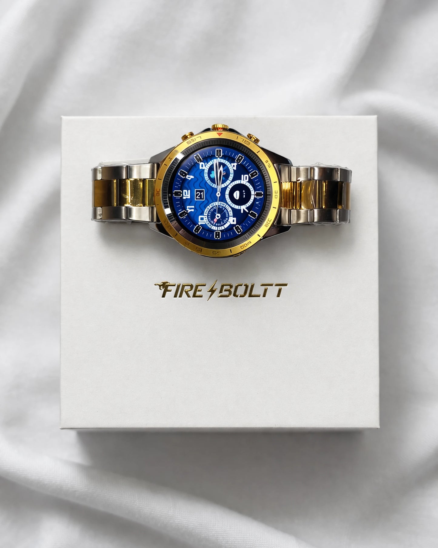 Obsidian Gold BhaariGear Fire-Boltt Edition smartwatch with a sleek black and gold design, display screen, and fitness tracking features.