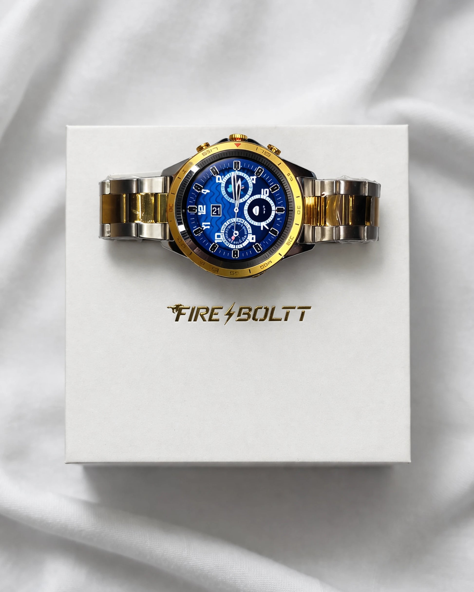 Obsidian Gold BhaariGear Fire-Boltt Edition smartwatch with a sleek black and gold design, display screen, and fitness tracking features.