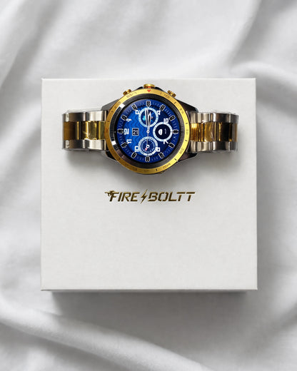 Obsidian Gold BhaariGear Fire-Boltt Edition smartwatch with a sleek black and gold design, display screen, and fitness tracking features.