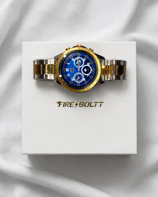 Obsidian Gold BhaariGear Fire-Boltt Edition smartwatch with a sleek black and gold design, display screen, and fitness tracking features.