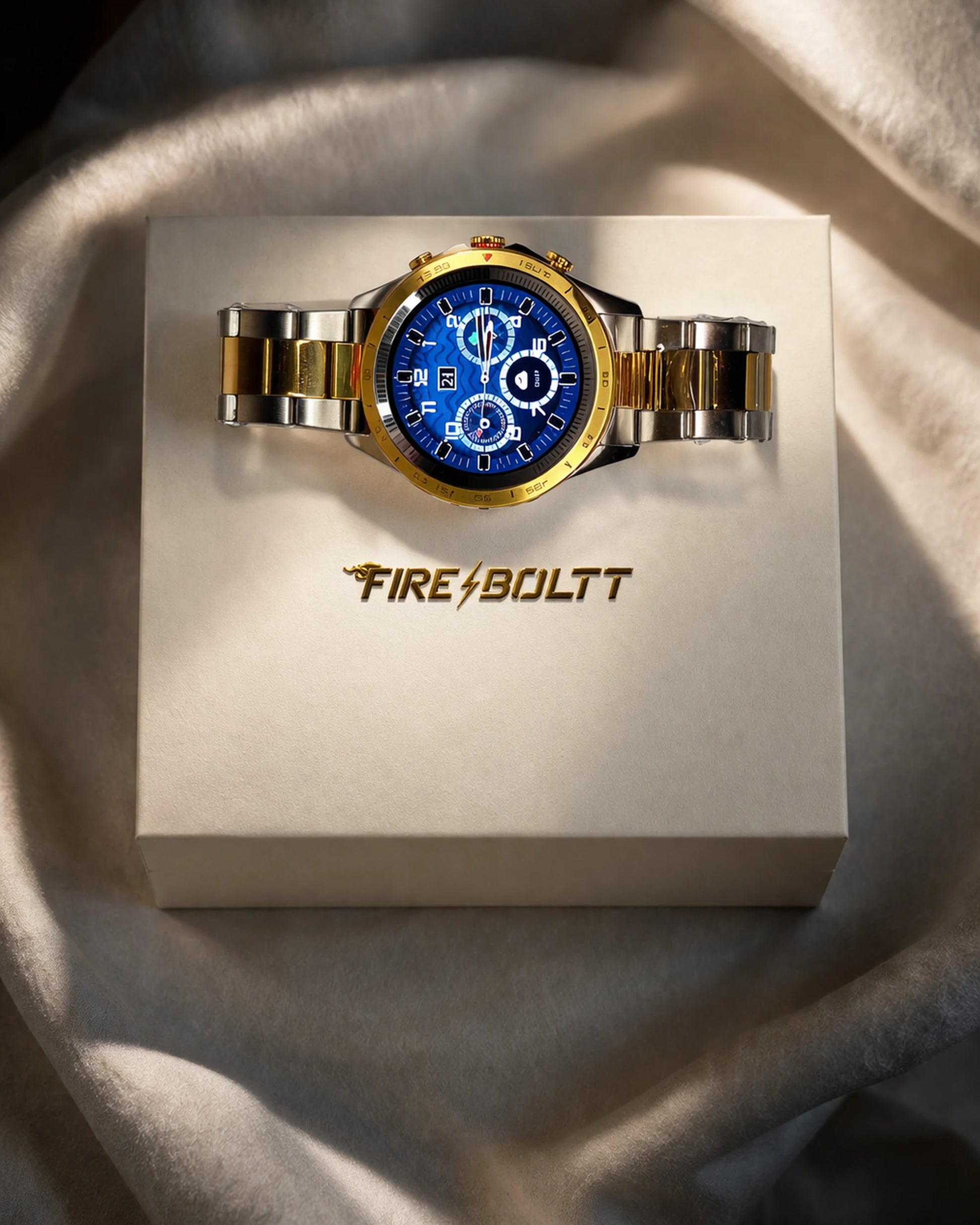 Obsidian Gold BhaariGear Fire-Boltt Edition smartwatch with a sleek black strap and digital display on a white background.