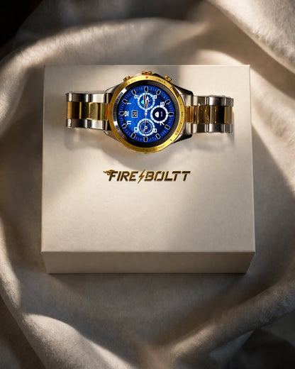 Obsidian Gold BhaariGear Fire-Boltt Edition smartwatch with a sleek black strap and digital display on a white background.