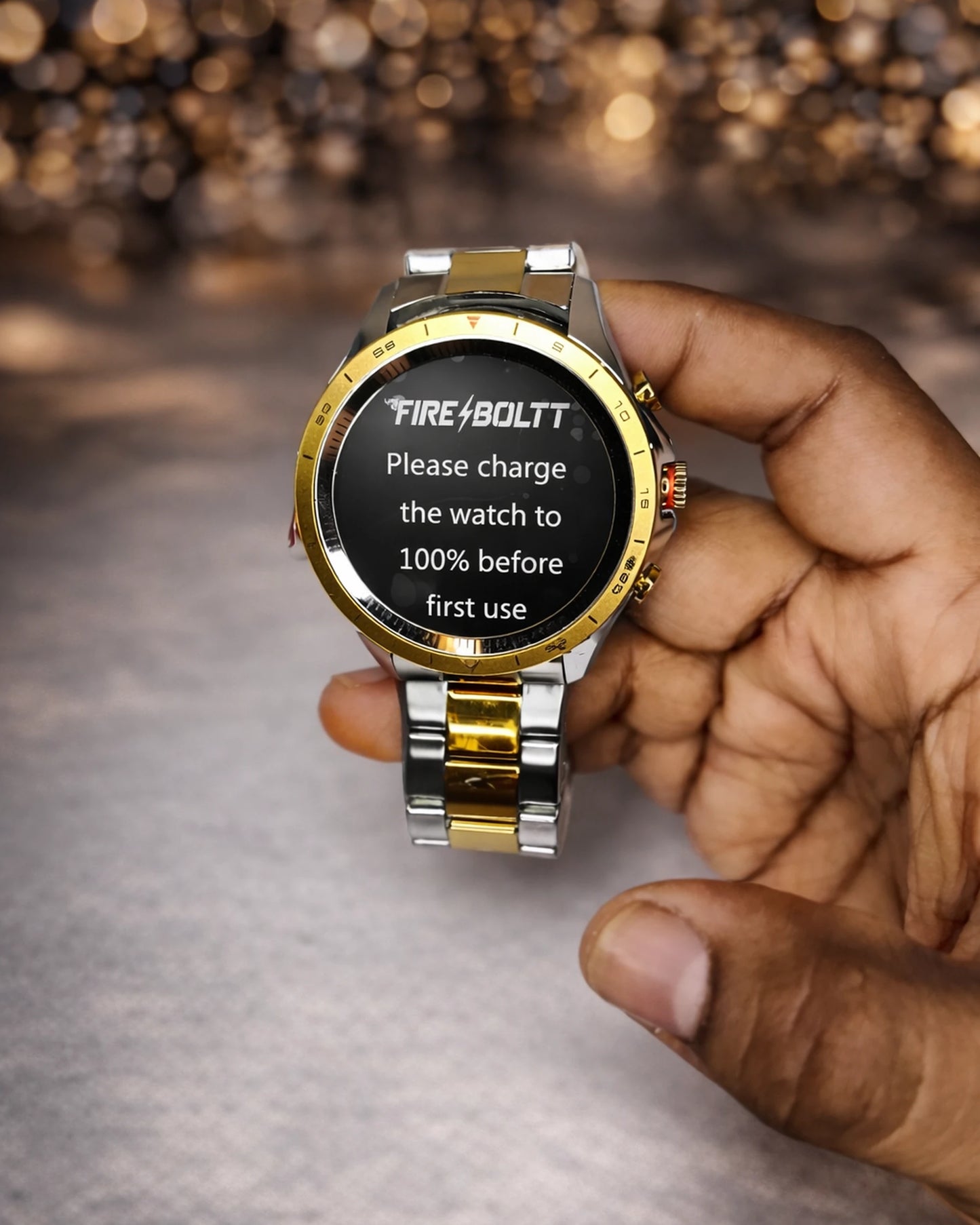 Obsidian Gold BhaariGear Fire-Boltt Edition smartwatch with a sleek black and gold display and sporty band design.