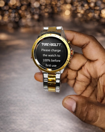 Obsidian Gold BhaariGear Fire-Boltt Edition smartwatch with a sleek black and gold display and sporty band design.