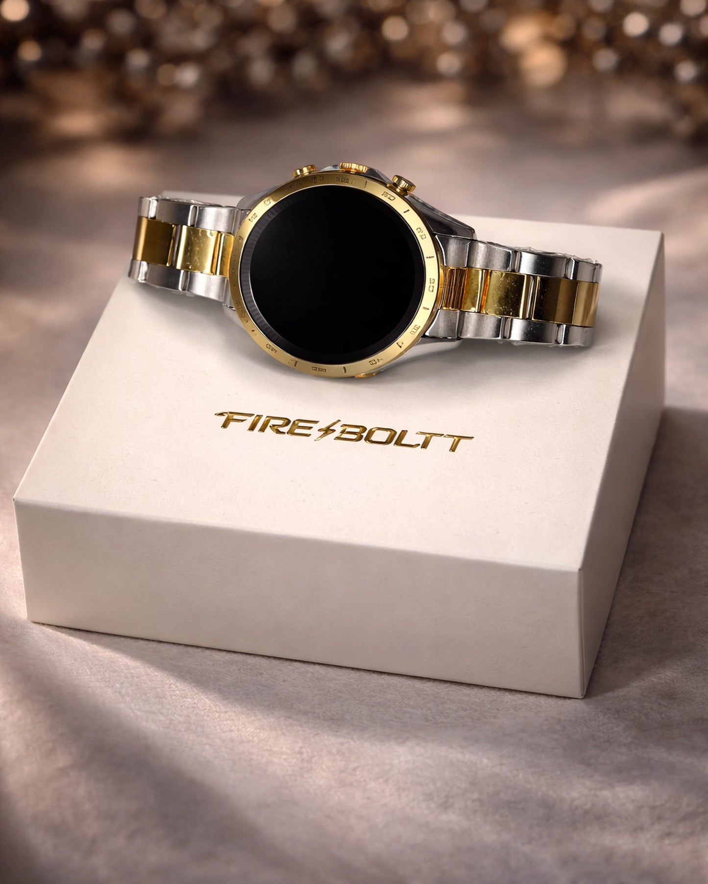 Obsidian Gold Fire-Boltt Edition BhaariGear smartwatch with a sleek black band and gold accents, digital display showing time and health stats.