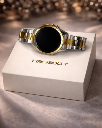 Obsidian Gold Fire-Boltt Edition BhaariGear smartwatch with a sleek black band and gold accents, digital display showing time and health stats.
