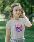 Young girl wearing a t-shirt with a colorful character design outdoors.