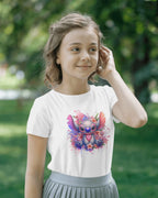 Young girl wearing a white t-shirt with a colorful character design outdoors.