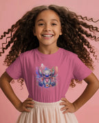 Young girl wearing a pink t-shirt with a cartoon character on a pink background