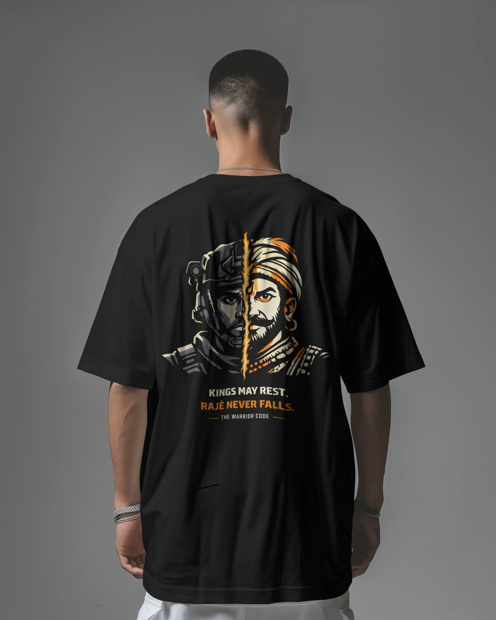 Black oversized T-shirt by BhaariGear featuring "Honor Above All Warrior" design on the back, casual fit and comfortable fabric.