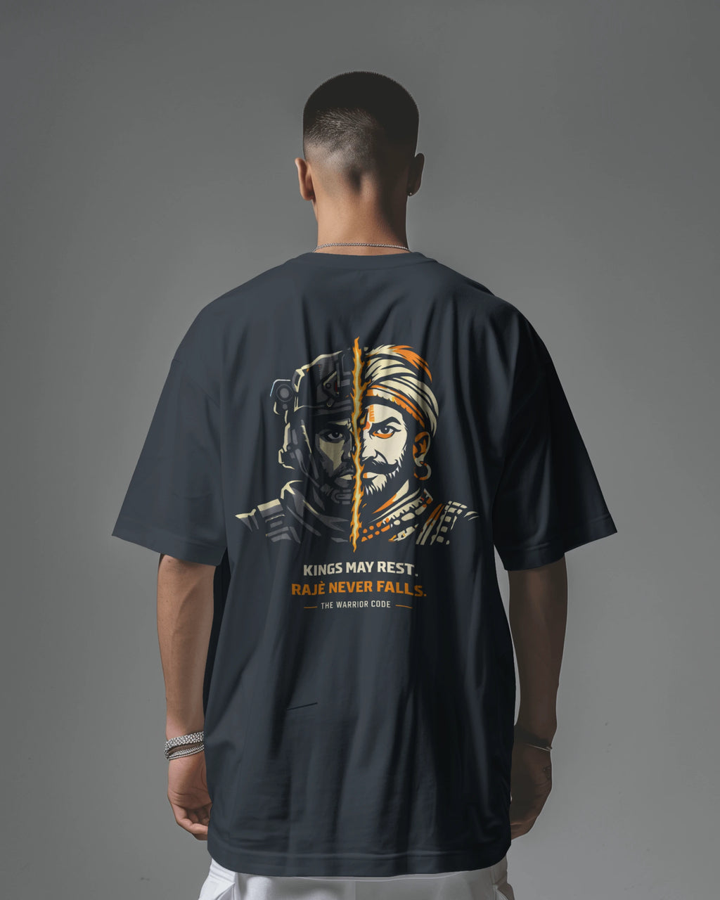 Navy blue oversized T-shirt by BhaariGear with "Honor Above All Warrior" graphic and back view design.