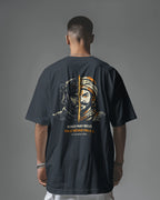 Navy blue oversized T-shirt by BhaariGear with "Honor Above All Warrior" graphic and back view design.