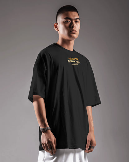 Black oversized T-shirt by BhaariGear with Honor Above All Warrior Legacy logo on front, shown from front side view.