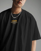Black oversized T-shirt by BhaariGear featuring a front view design with the "Honor Above All Warrior" logo and graphic.