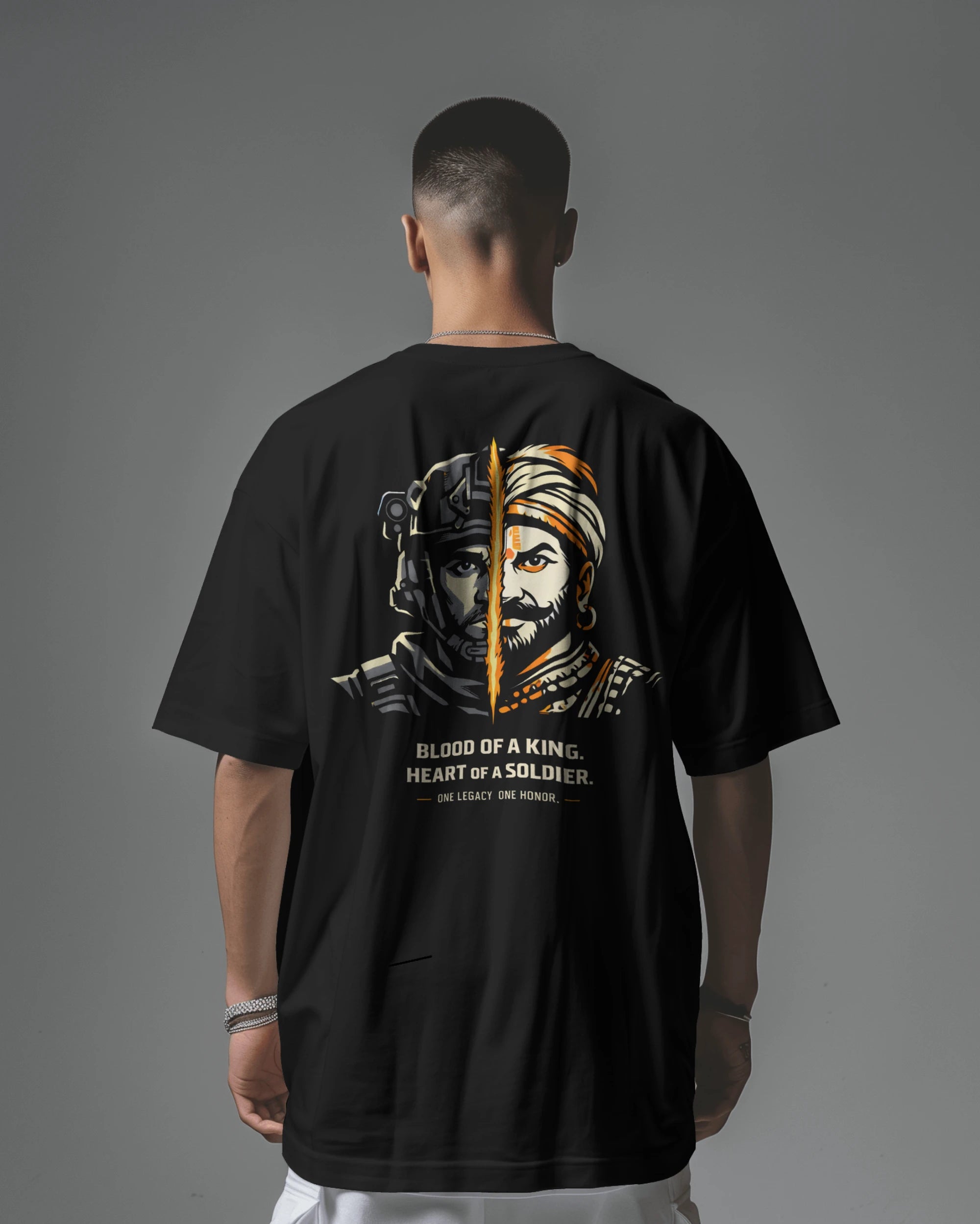 Black Kings Blood Legacy graphic oversized T-shirt by BhaariGear, back view showing detailed design on the back.