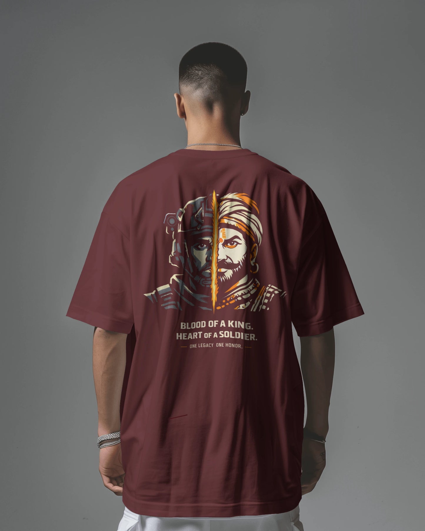 Back view of maroon Kings Blood Legacy graphic oversized T-shirt by BhaariGear, showcasing bold front design and relaxed fit.