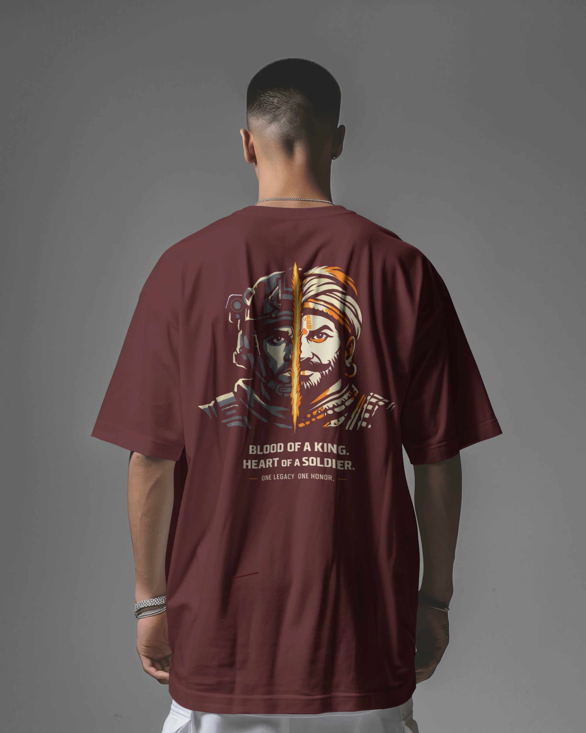 Back view of maroon Kings Blood Legacy graphic oversized T-shirt by BhaariGear, showcasing bold front design and relaxed fit.