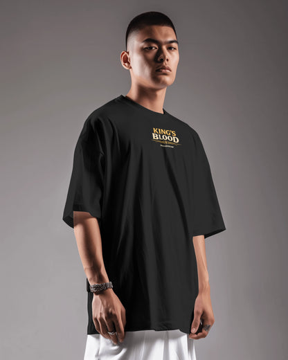 Black Kings Blood Legacy graphic oversized T-shirt by BhaariGear, showing a left side view with detailed design and relaxed fit.