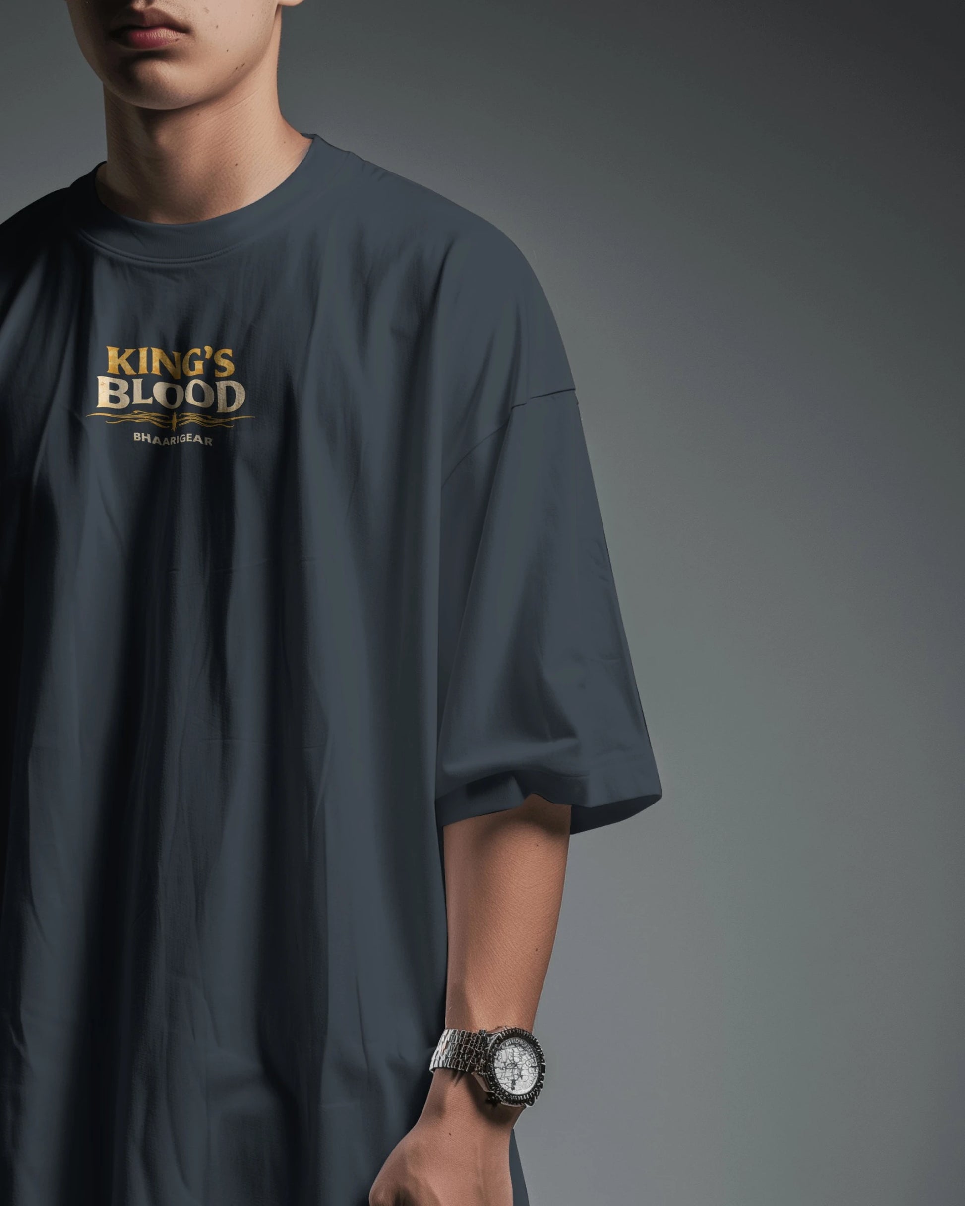 Navy blue Kings Blood Legacy graphic oversized T-shirt by BhaariGear, front and side view showing bold design and comfortable fit.