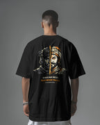 Back view of BhaariGear Never Fall Warrior Legacy oversized T-shirt in black, featuring bold graphic design on the front.