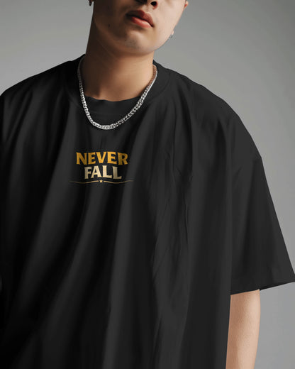 Black Never Fall Warrior Legacy oversized T-shirt by BhaariGear, front view showing bold graphic design.