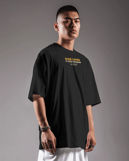 Black Raje Lives Warrior oversized graphic T-shirt by BhaariGear, front view showing bold warrior design and relaxed fit.