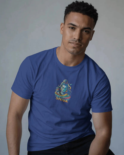 Man wearing a Royal blue blue t-shirt with a Shiva graphic design on a gray background