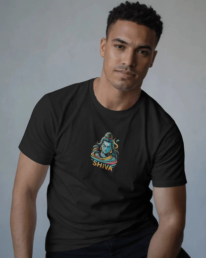 Man wearing a black t-shirt with a 'Shiva' design on a gray background