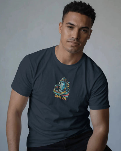 Man wearing a black t-shirt with a 'Shiva' design on a gray background