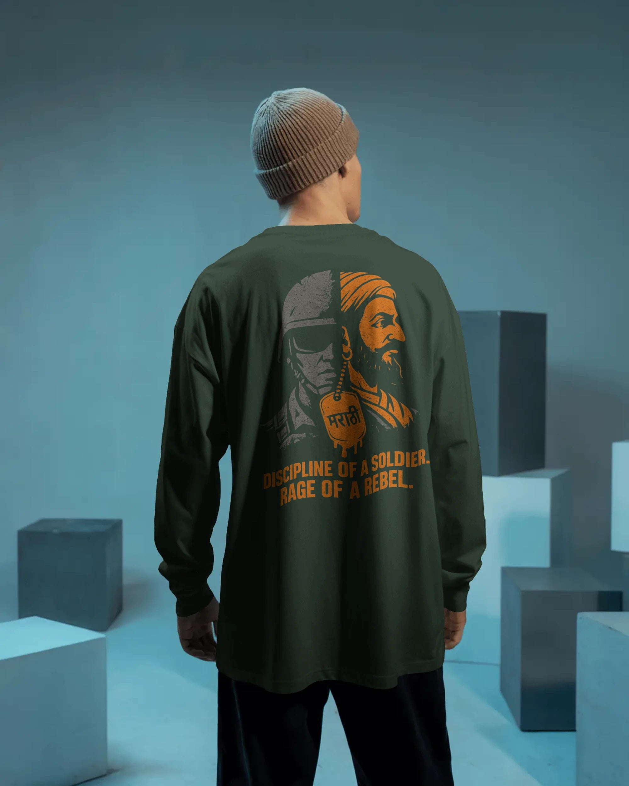 Discipline of a Soldier Rage of a Rebel graphic t shirt showing split design of modern Indian soldier and Maratha warrior with Marathi dog tag colour bottle green