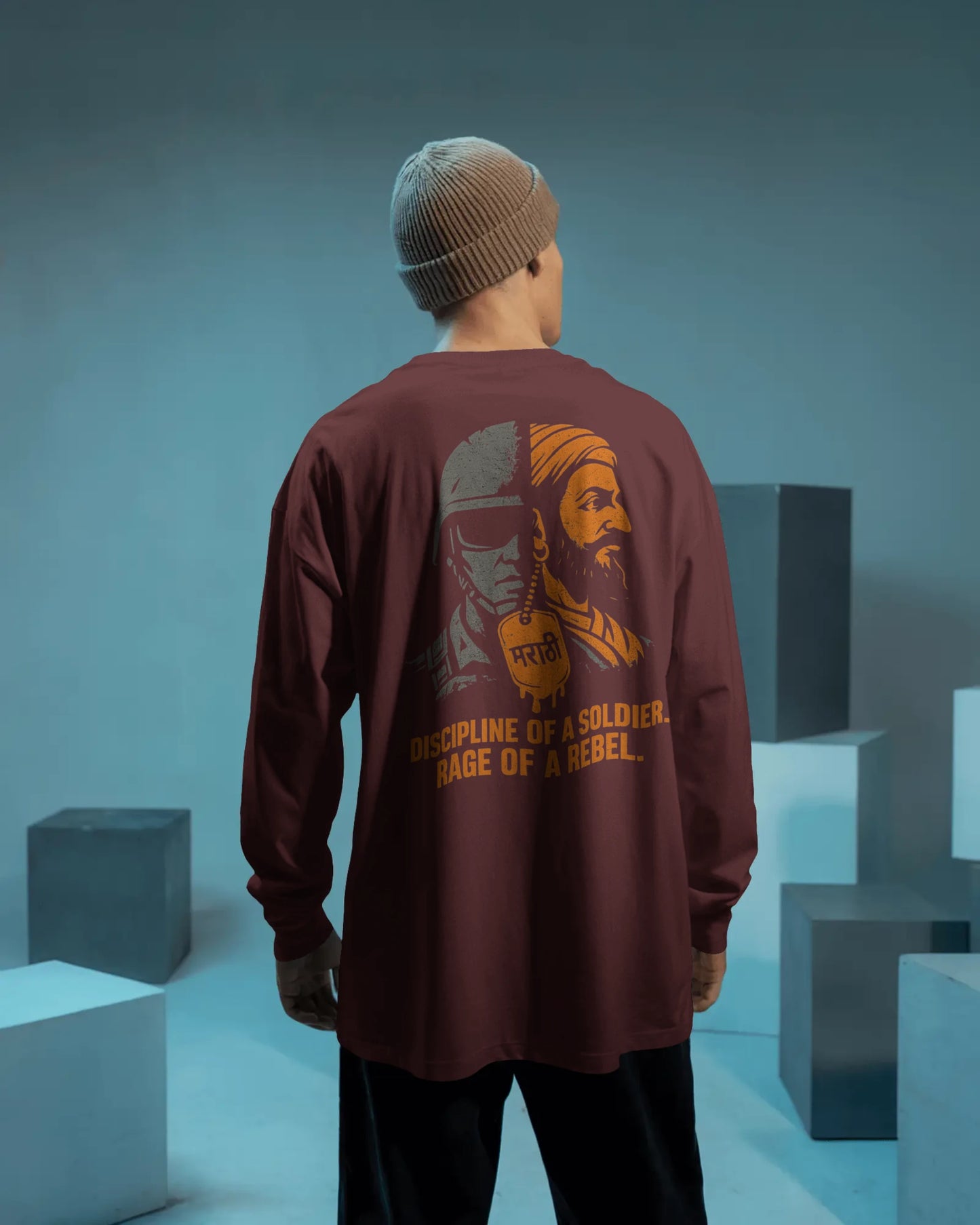 Discipline of a Soldier Rage of a Rebel graphic t shirt showing split design of modern Indian soldier and Maratha warrior with Marathi dog tag colour maroon