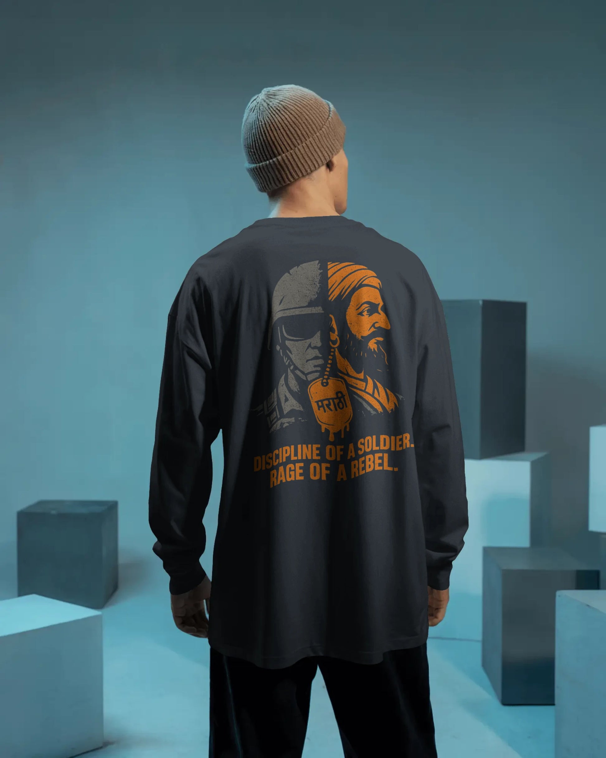 Discipline of a Soldier Rage of a Rebel graphic t shirt showing split design of modern Indian soldier and Maratha warrior with Marathi dog tag colour navyblue