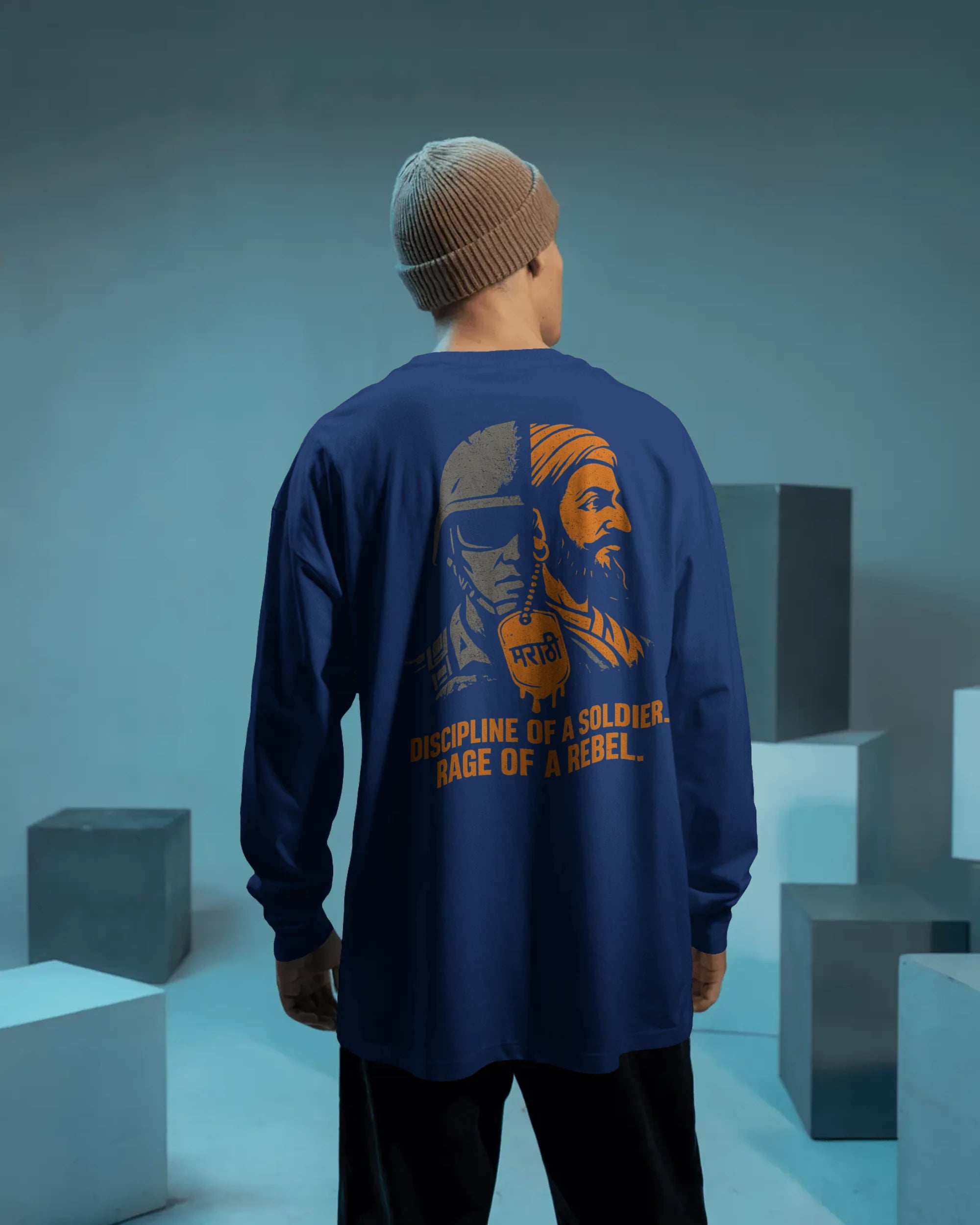 Discipline of a Soldier Rage of a Rebel graphic t shirt showing split design of modern Indian soldier and Maratha warrior with Marathi dog tag colour royal blue